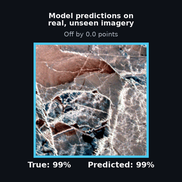 Animated montage of model predictions on real Sentinel-2 patches, comparing true and predicted sea ice concentration